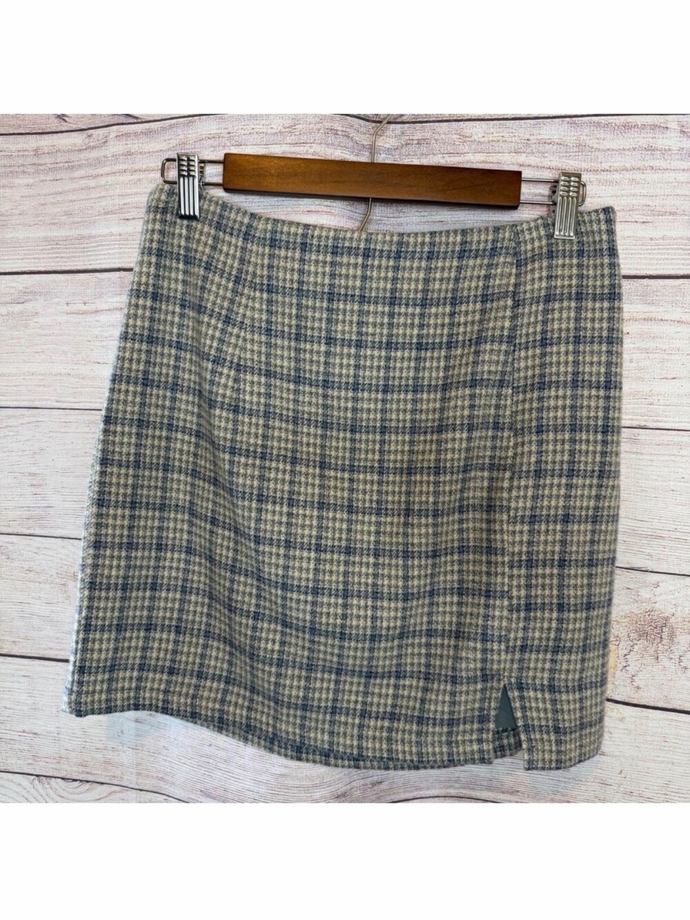 NWT Paper Crane Plaid Mini Skirt Large Blue Gray Tartan Side Slit Preppy